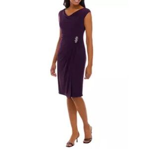 Karina Elegant Eggplant Purple Short Sleeve Faux Wrap Around Midi Dress Sz 14